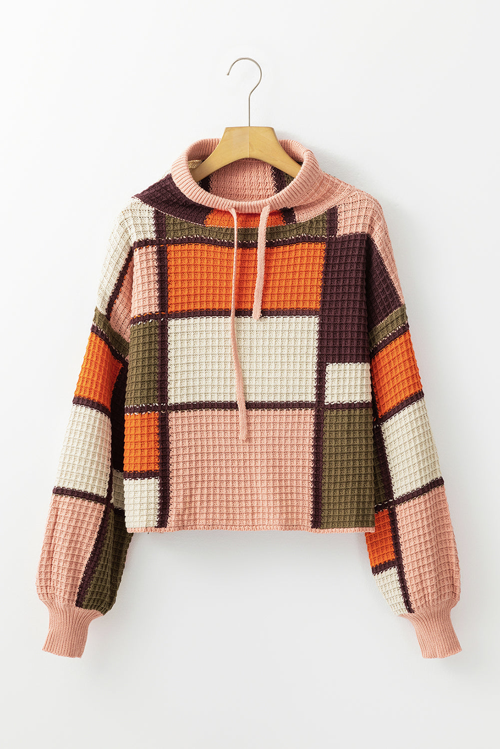 Color Block Waffle Drawstring Mock Neck Sweater