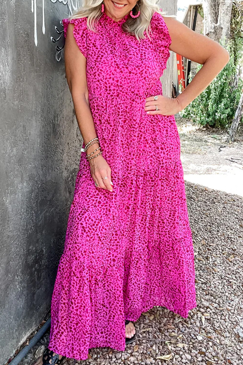 Leopard Ruffled Trim Tiered Maxi Dress