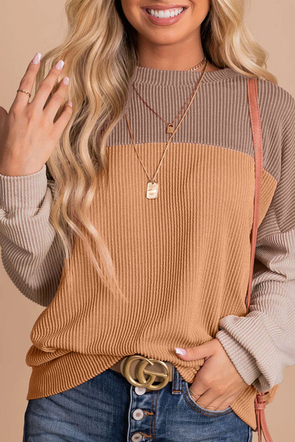 Color Block Long Sleeve Cording Loose Top