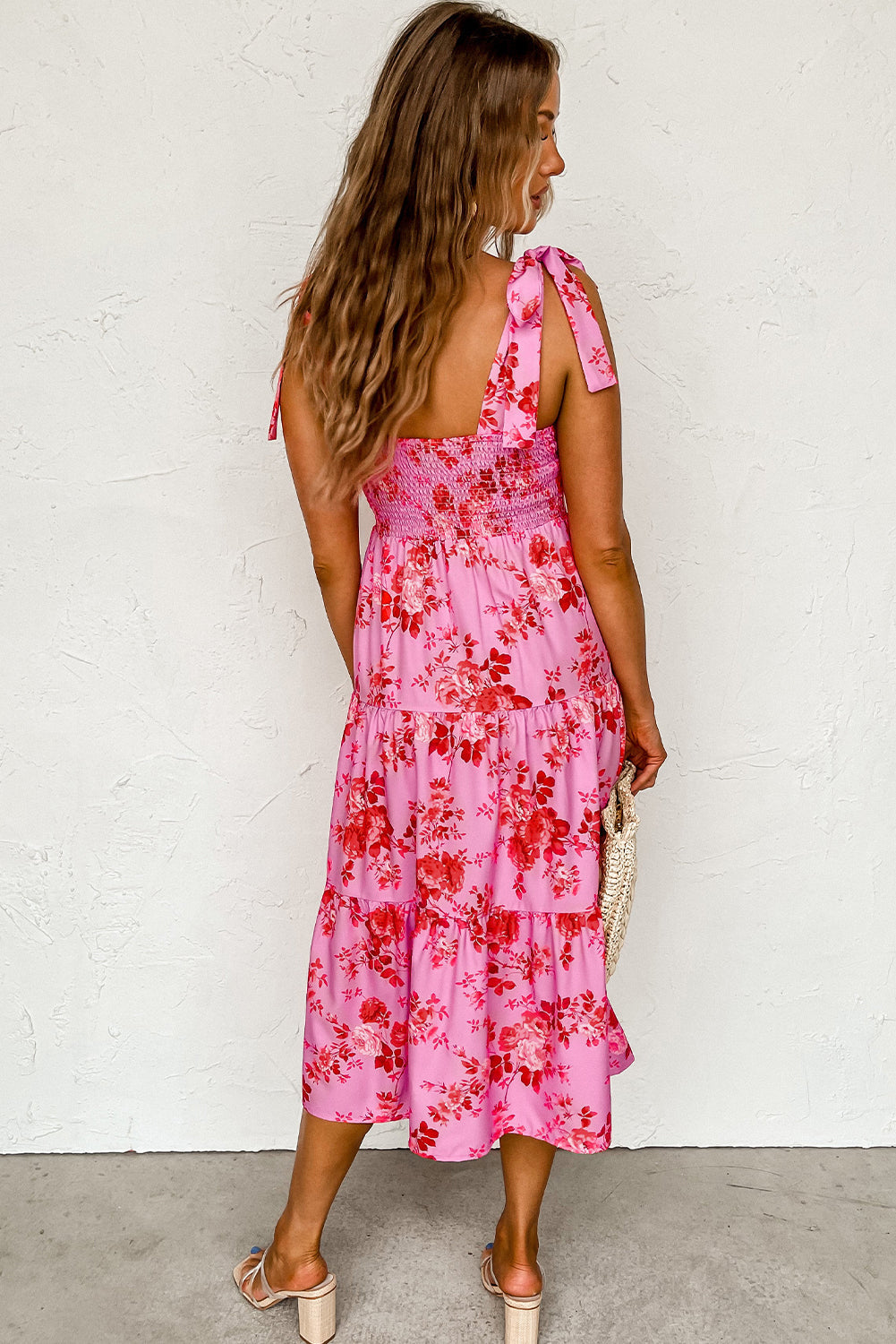 Tie Shoulder Straps Tiered Floral Dress