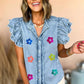 Sequin Flower/Baseball Ruffled Sleeve Frayed Denim Top