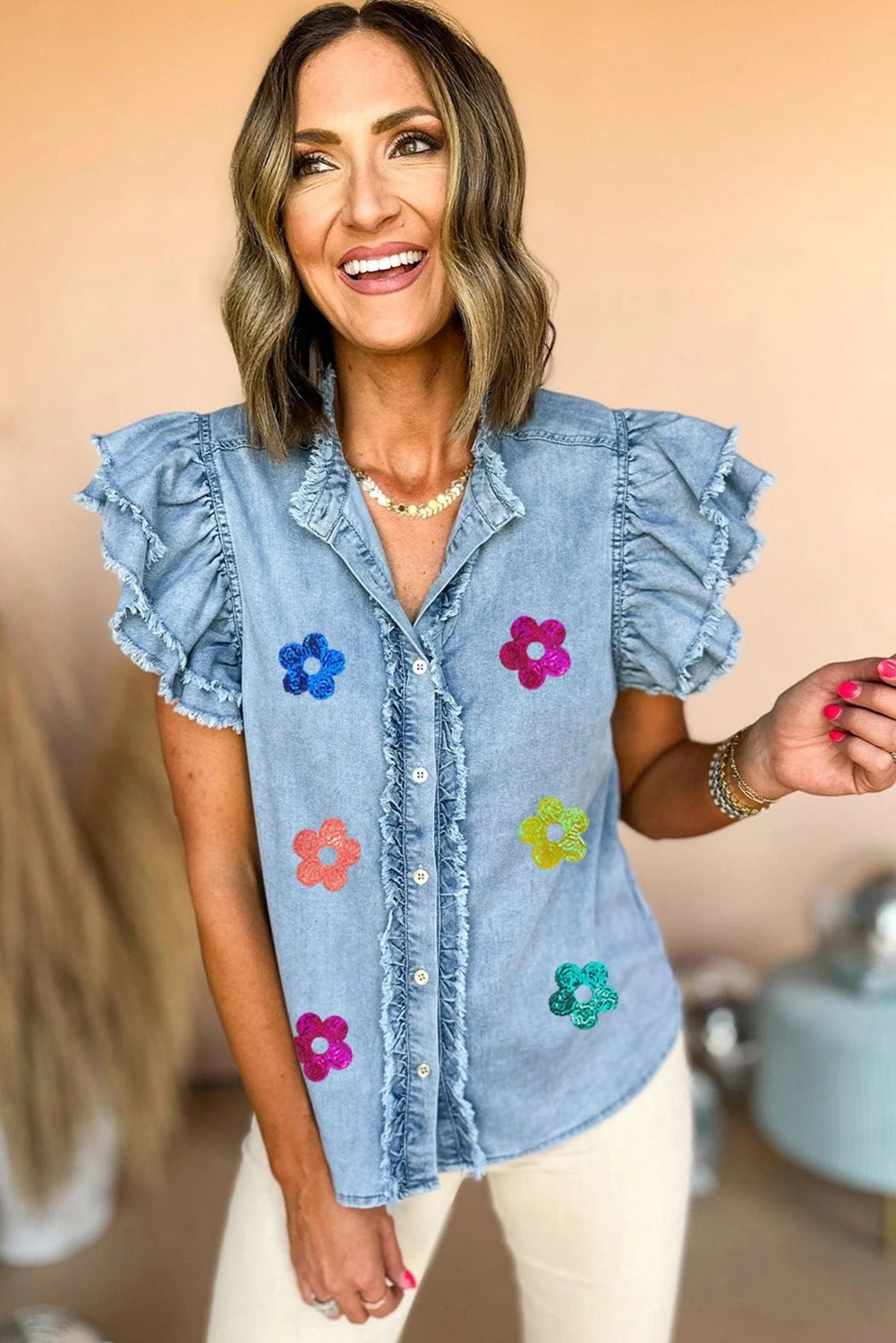 Sequin Flower/Baseball Ruffled Sleeve Frayed Denim Top