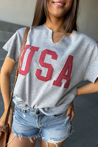 USA Patch Notched Neck Loose Tee