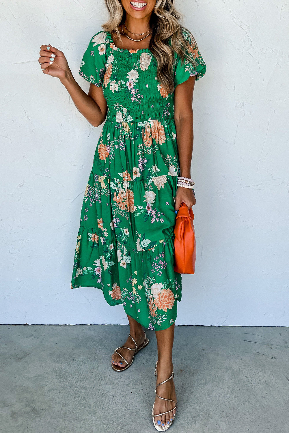 Floral  Bubble Sleeve Smocked Tiered Midi Dress