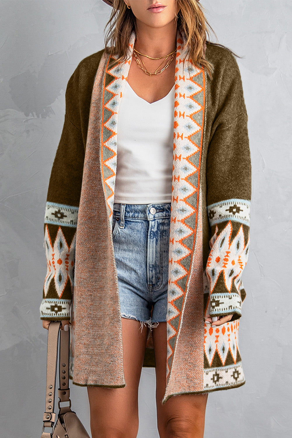 Western Aztec Open Front Sweater Cardigan