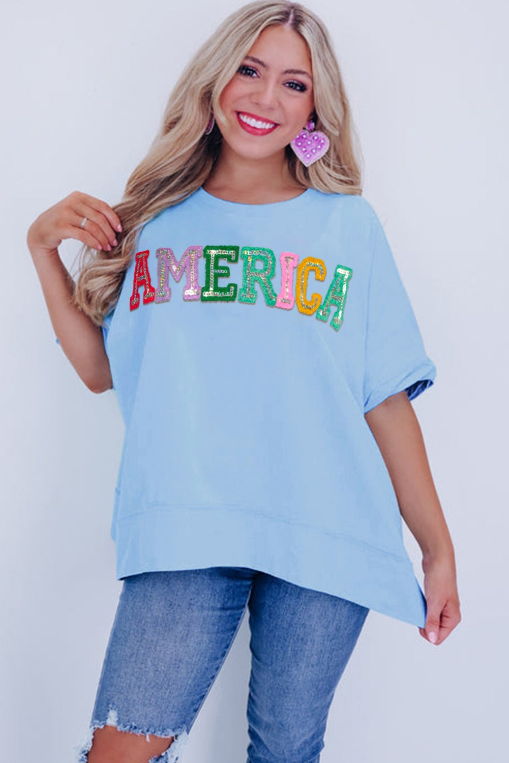 America Sparkle Pastel Embroidered Tee