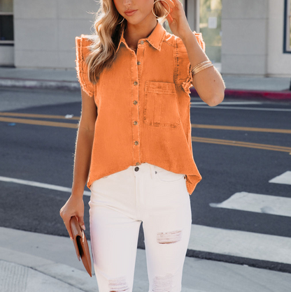 Ruffled Sleeve Button Up Denim Top