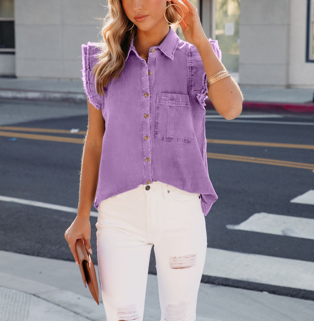 Ruffled Sleeve Button Up Denim Top