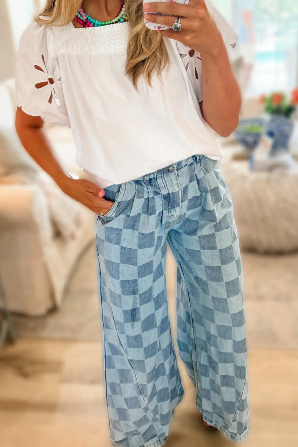 Checkered Wide Leg Jeans