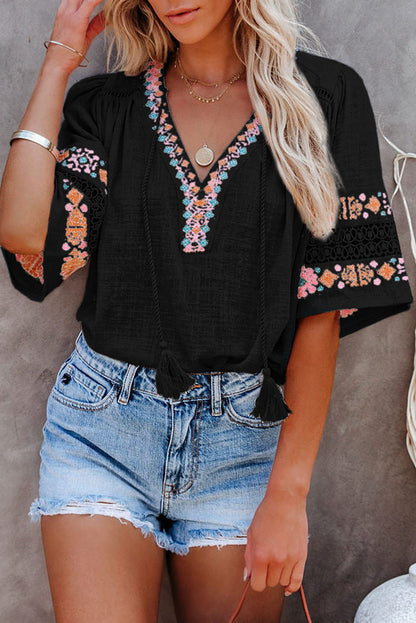 Tassel Drawstring Embroidered Sleeve Top