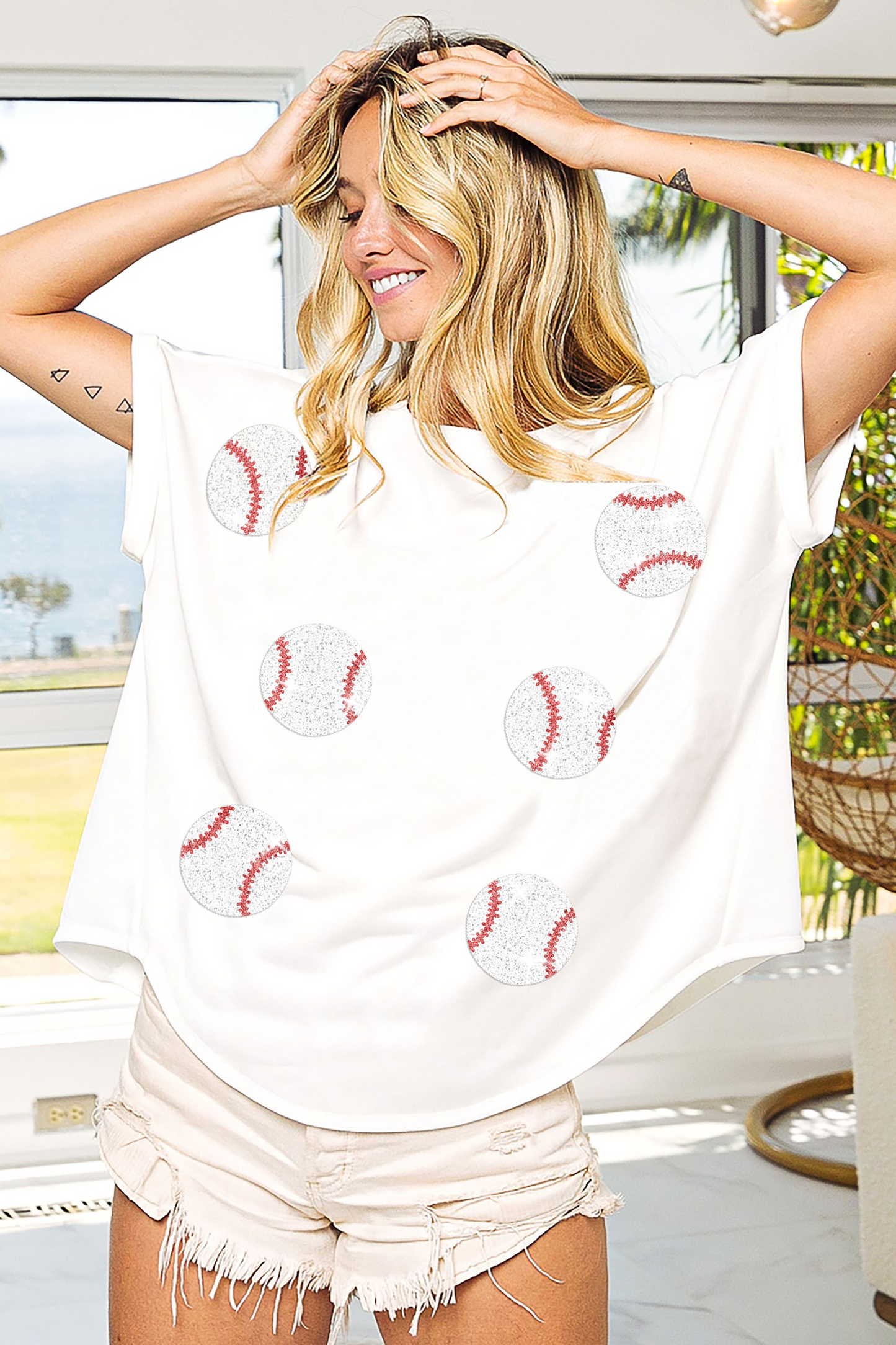 Washed Baseball Sequin Patch T-shirt