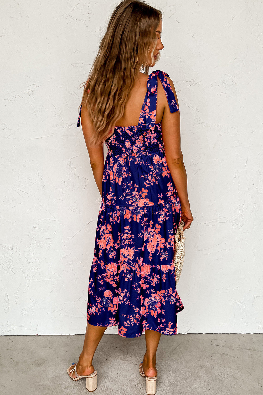 Tie Shoulder Straps Tiered Floral Dress