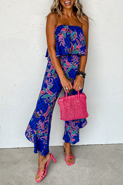 Mix Tropical Strapless Ruffled Jumpsuit