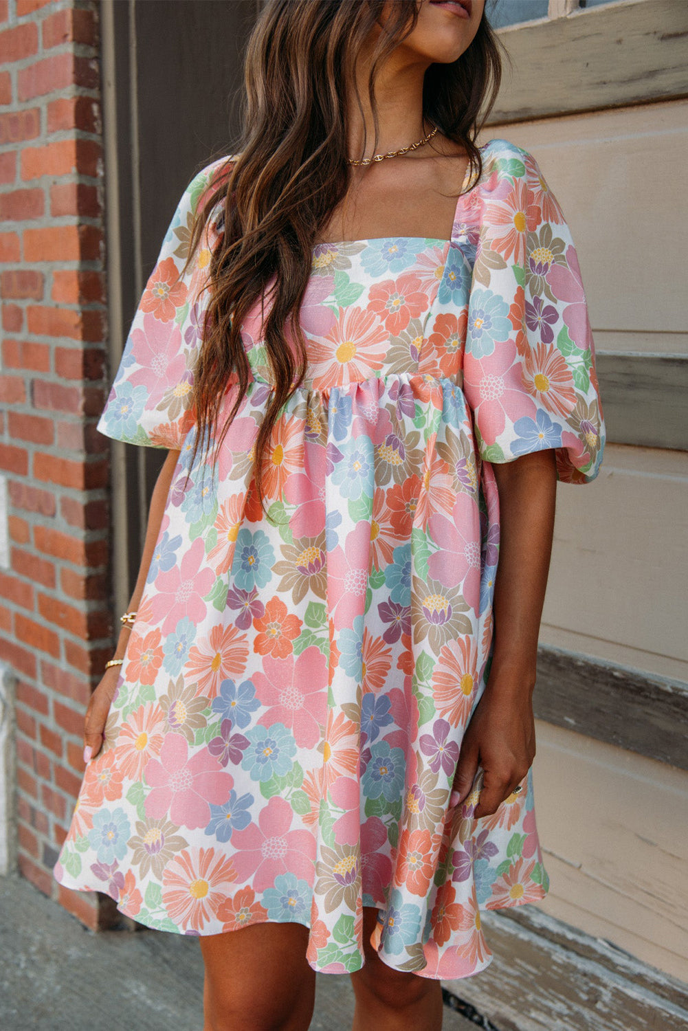 Floral Square Neck Puff Sleeve Babydoll Dress