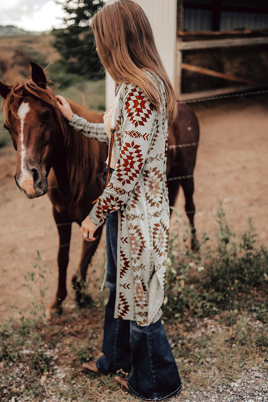 Aztec Open Front Long Cardigan