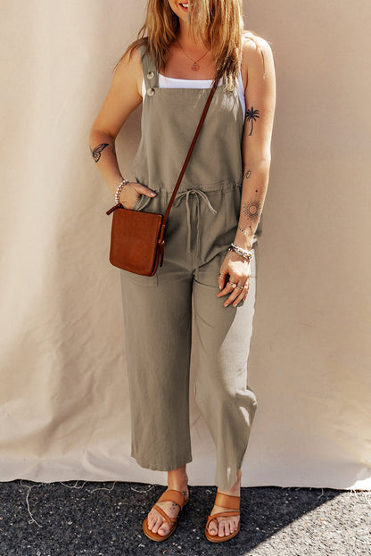 Drawstring Buttoned Straps Cropped Overall