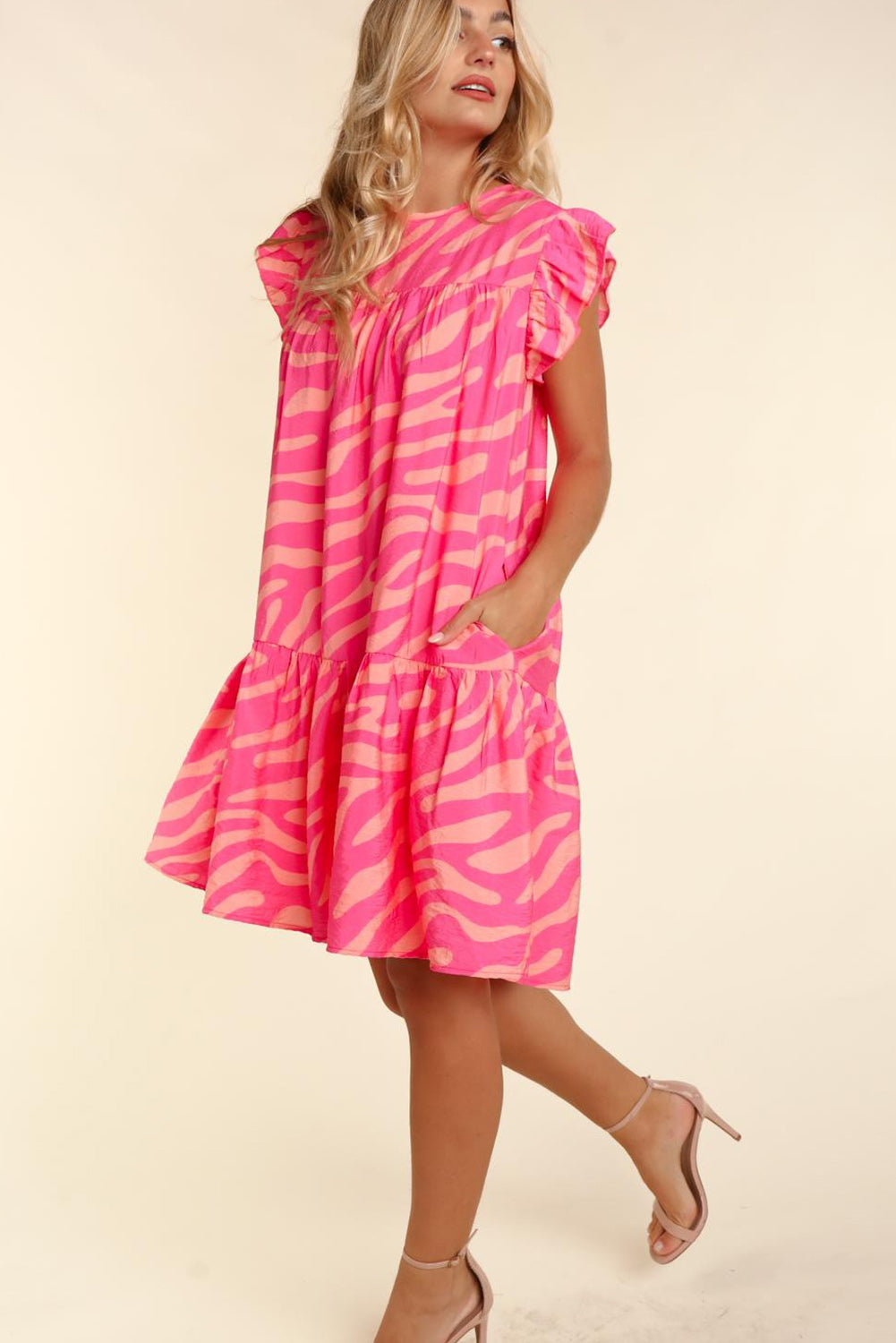 Stripe Printed Ruffle Trim Pocketed Dress