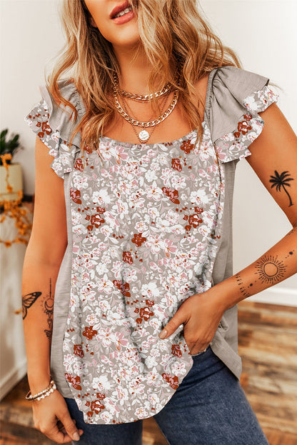 Floral Square Neck Ruffle Sleeve Blouse