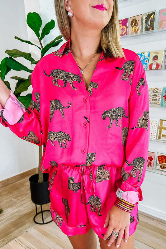 Cheetah  Satin Shirt and Shorts Lounge Set