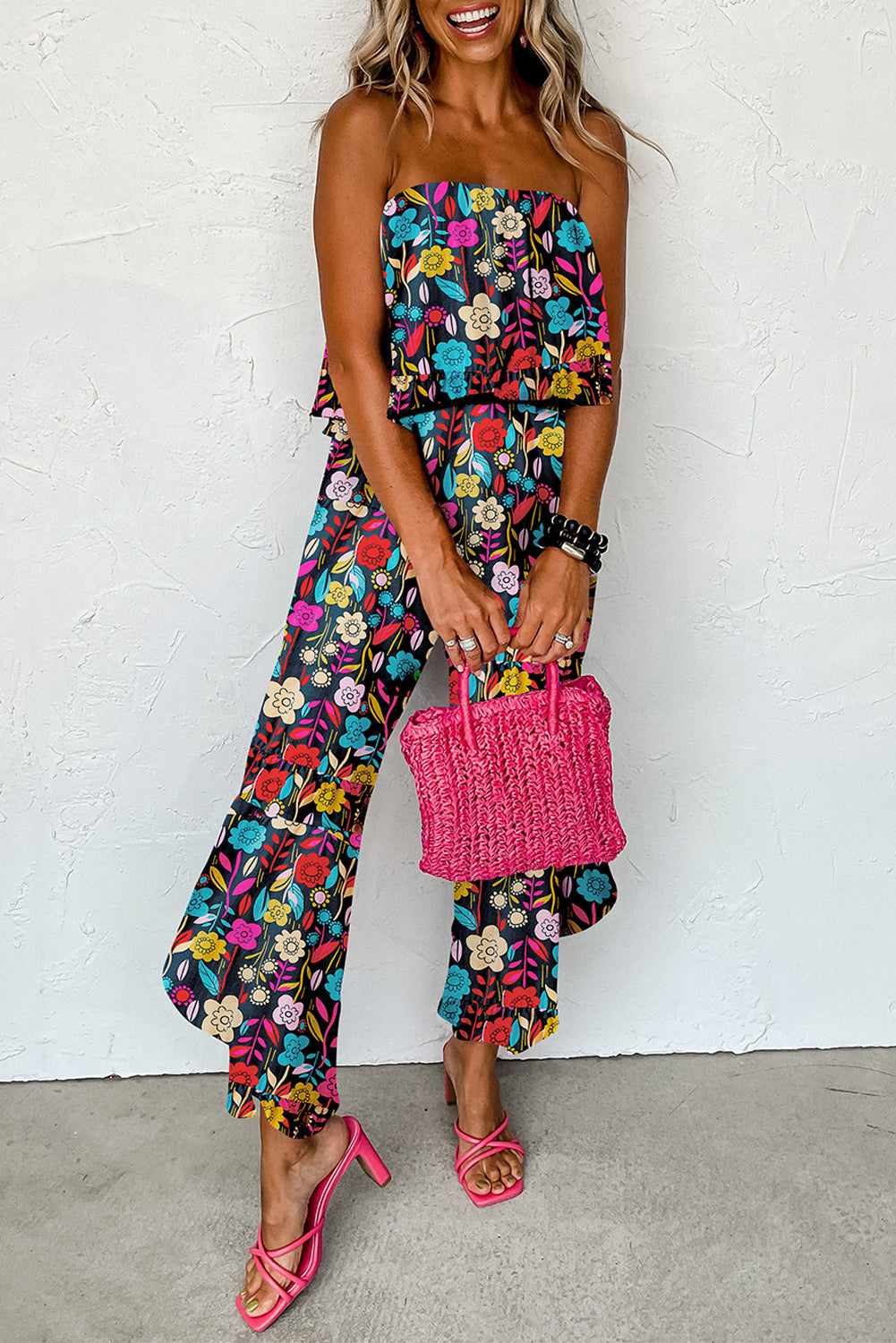 Mix Tropical Strapless Ruffled Jumpsuit