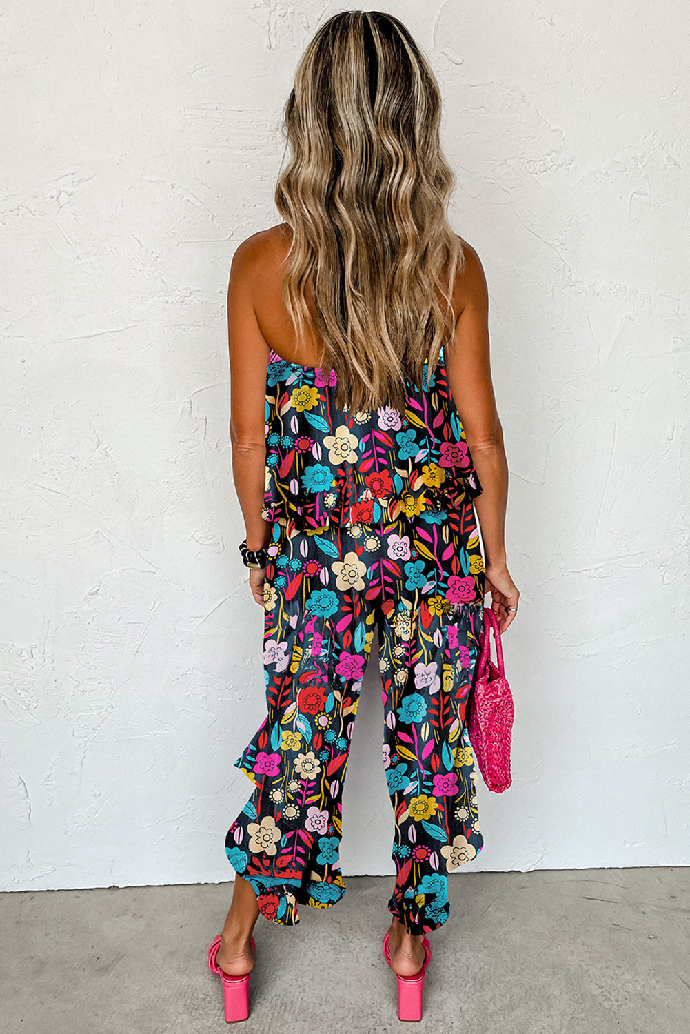 Mix Tropical Strapless Ruffled Jumpsuit