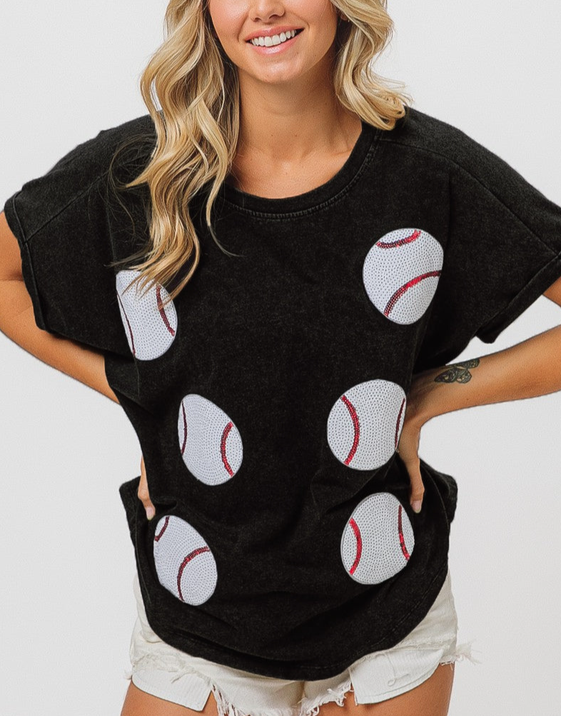 Washed Baseball Sequin Patch T-shirt