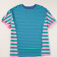 (Blue Pre order/7.5)Stripe Colorblock Patchwork Baggy Tee