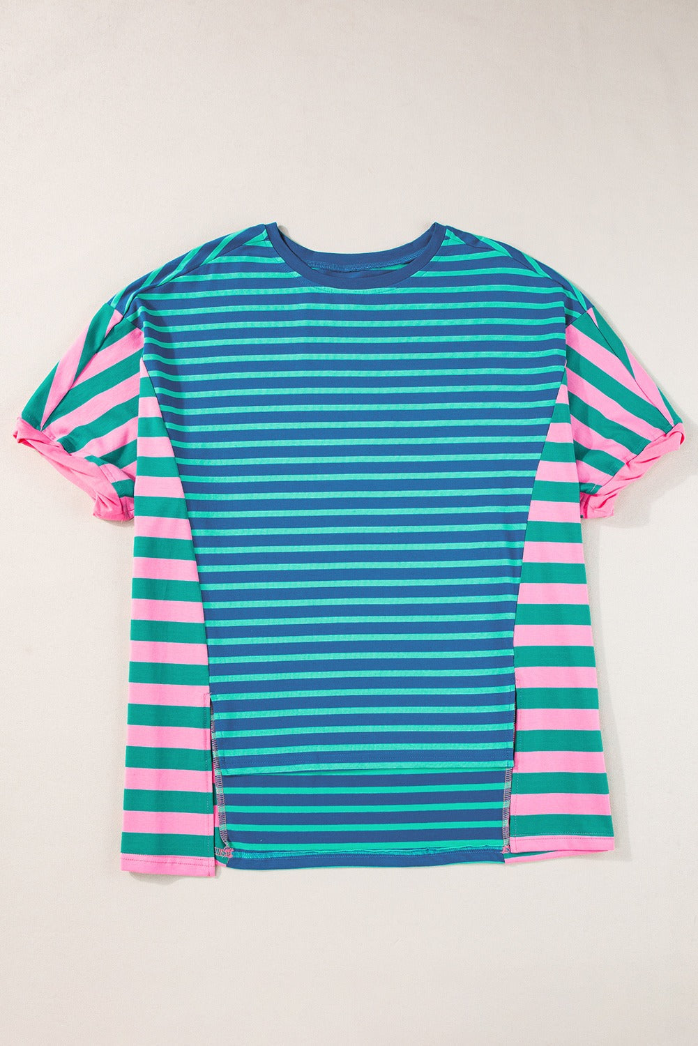 (Blue Pre order/7.5)Stripe Colorblock Patchwork Baggy Tee