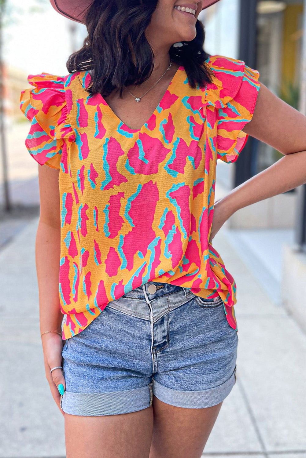 Abstract V Neck Ruffled Sleeve Blouse