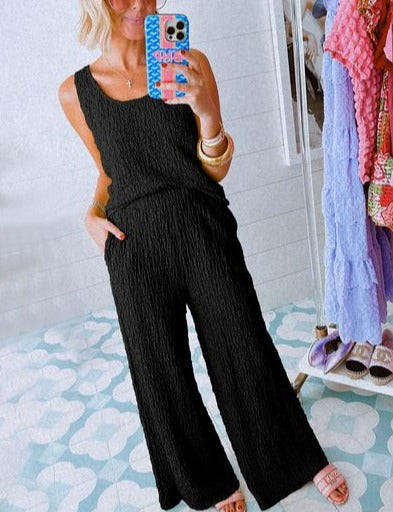 Textured Tank Top and Wide Leg Pants Set