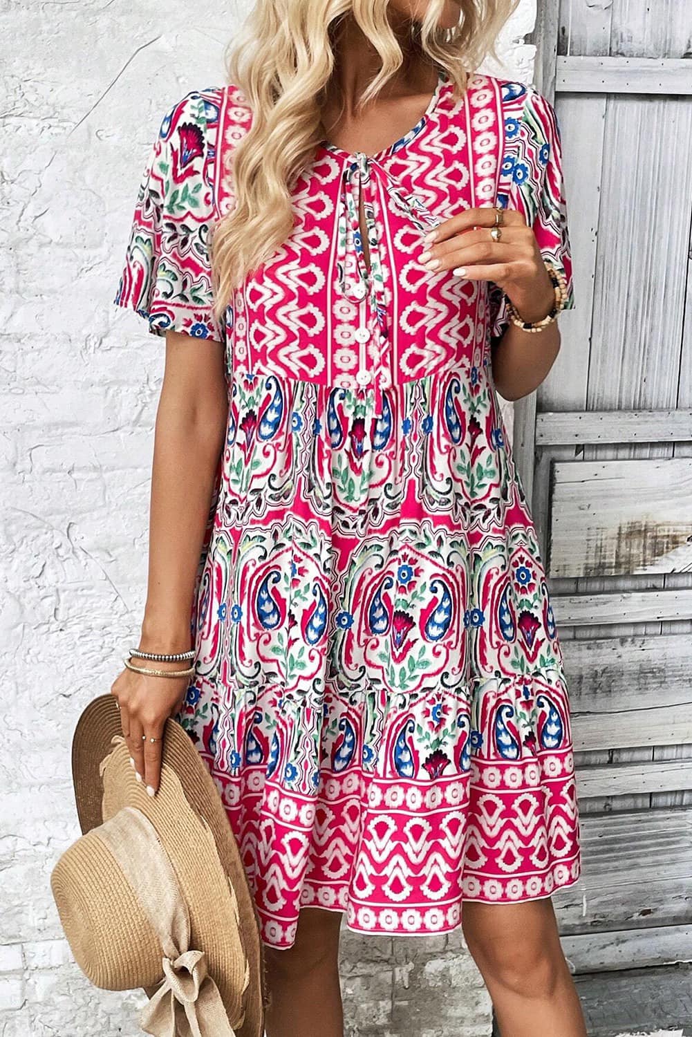 Bohemian Tie Neck Ruffle Hem Short Dress