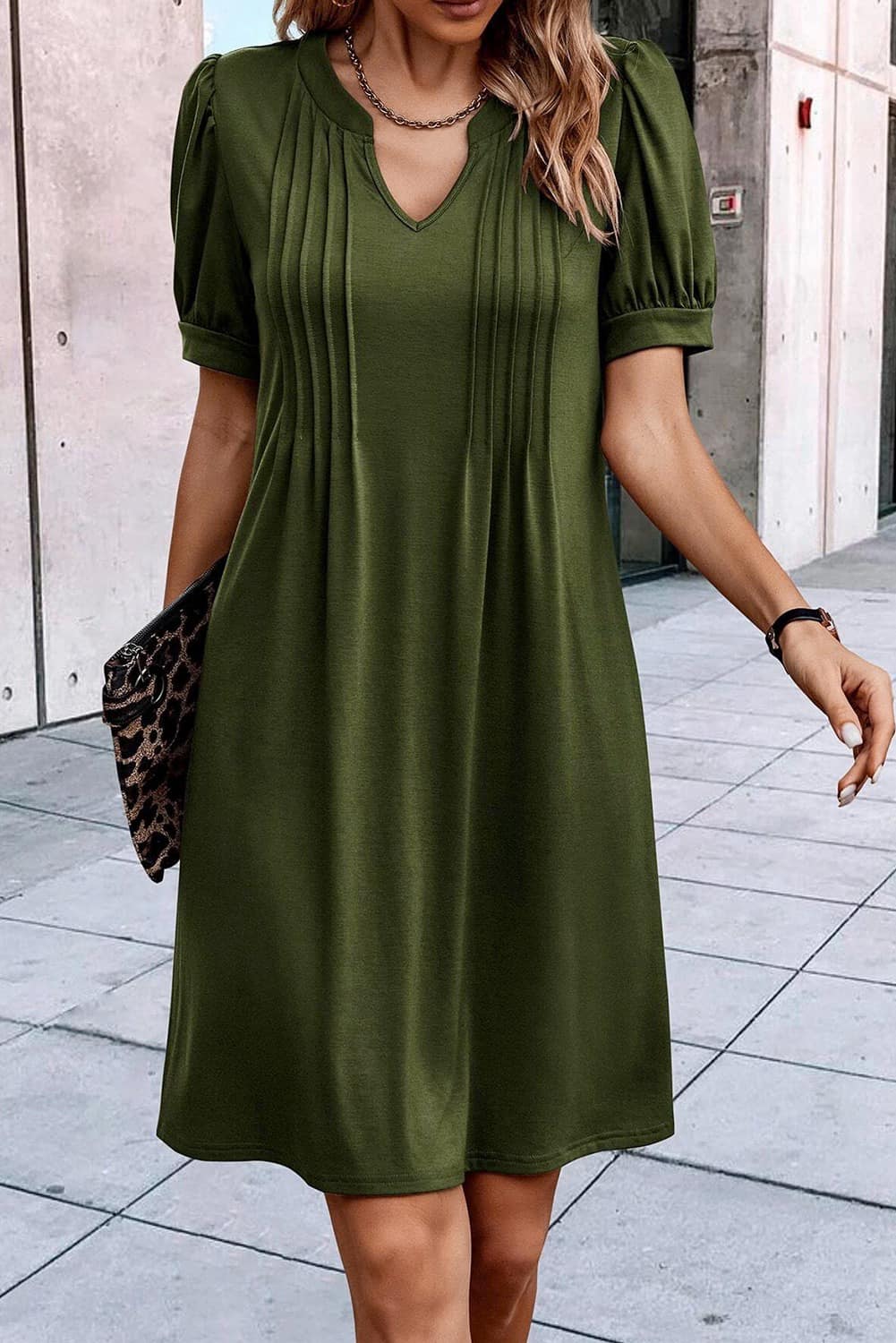 Notched Neck Pleated Puff Sleeve Dress