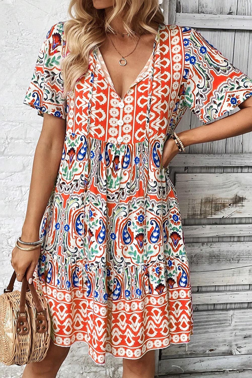 Bohemian Tie Neck Ruffle Hem Short Dress