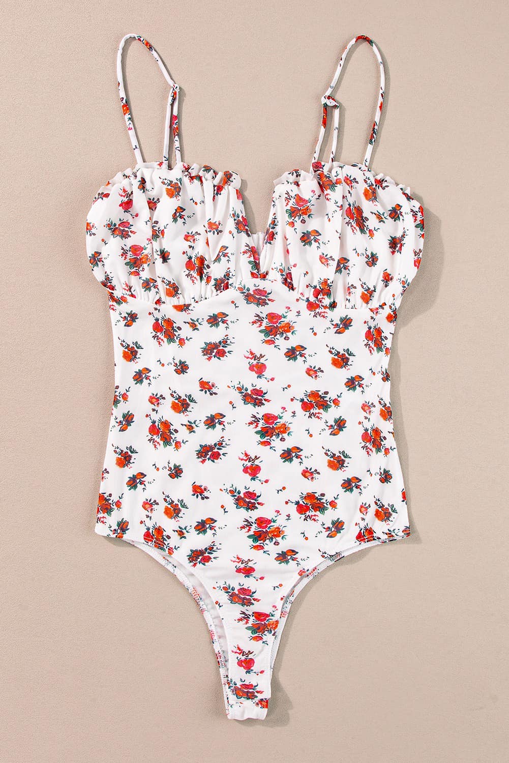 Floral V Cut Frilled Trim Spaghetti Straps Bodysuit