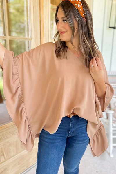 Plus Size Ruffled Dolman Sleeve V Neck Blouse