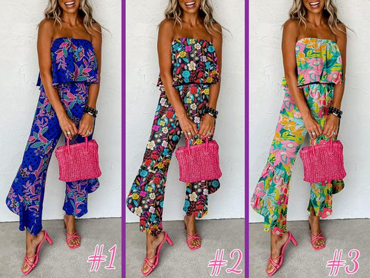 Mix Tropical Strapless Ruffled Jumpsuit