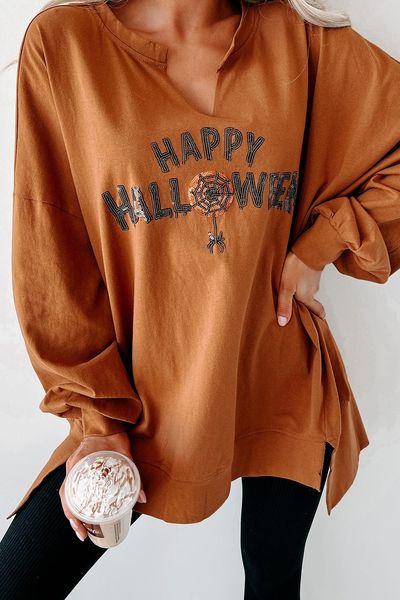 Sequin Happy Halloween Graphic Loose Top