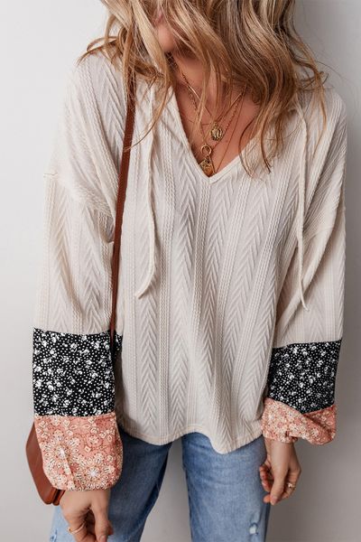 Textured Patchwork Sleeve Drawstring Top