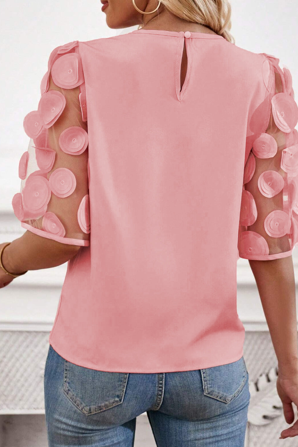 Contrast Applique Mesh Half Sleeve Blouse