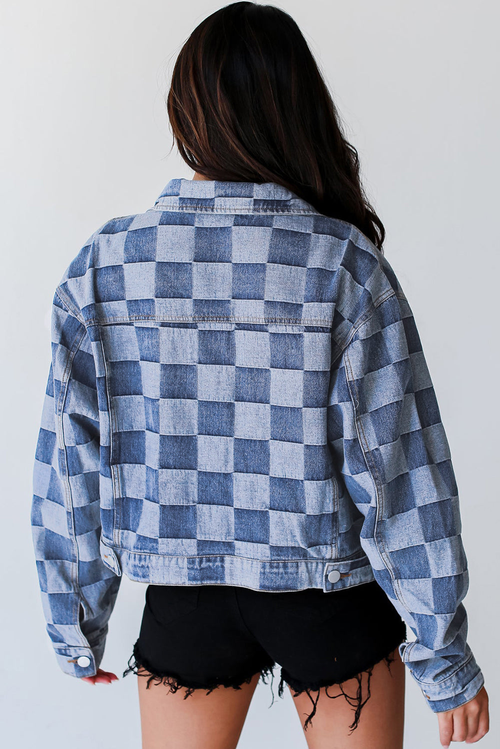 Checkered Patchwork Button up Denim Jacket