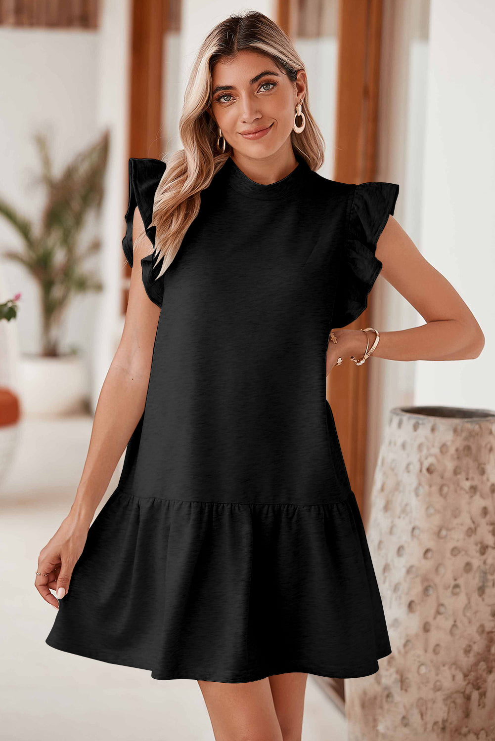 Flutter Sleeve Crew Neck Shift Dress