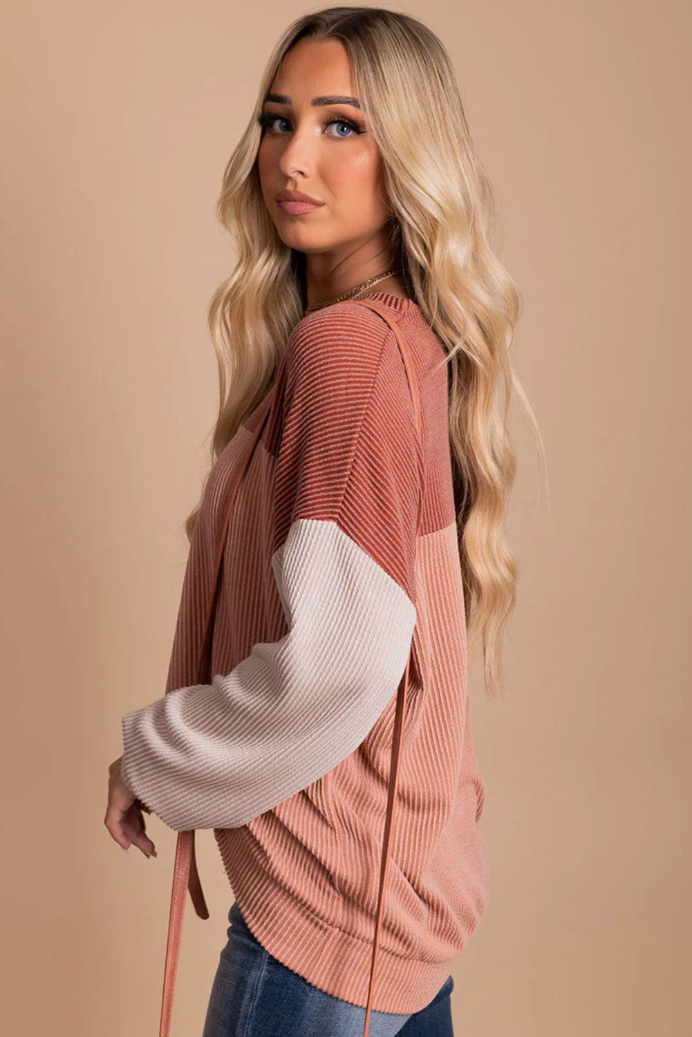 Color Block Long Sleeve Cording Loose Top