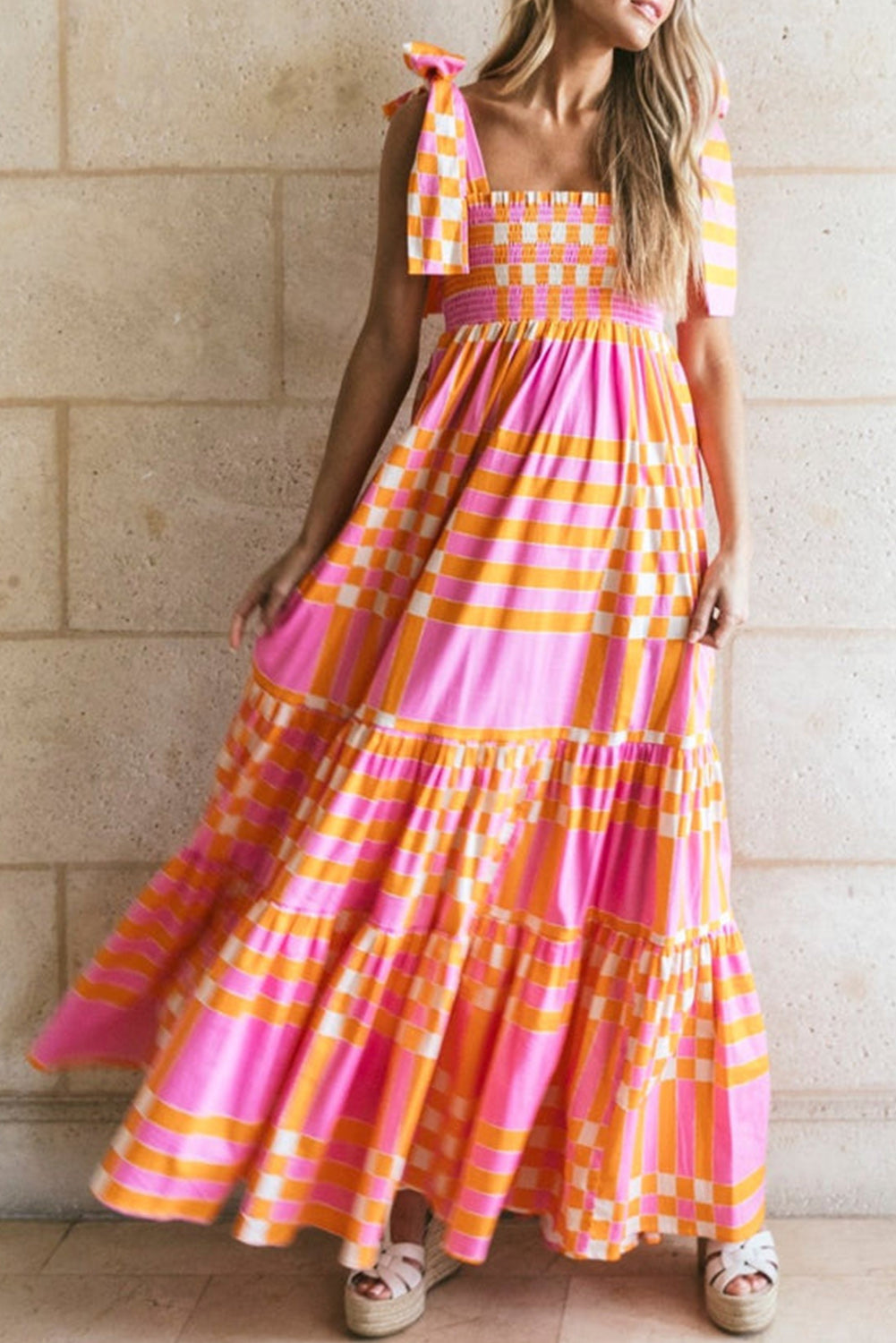 Boho Gingham Tied Straps Smocked Maxi Dress