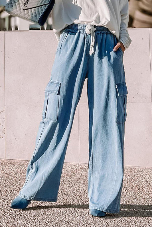 Drawstring High Waist Cargo Pocket Wide Leg Jeans