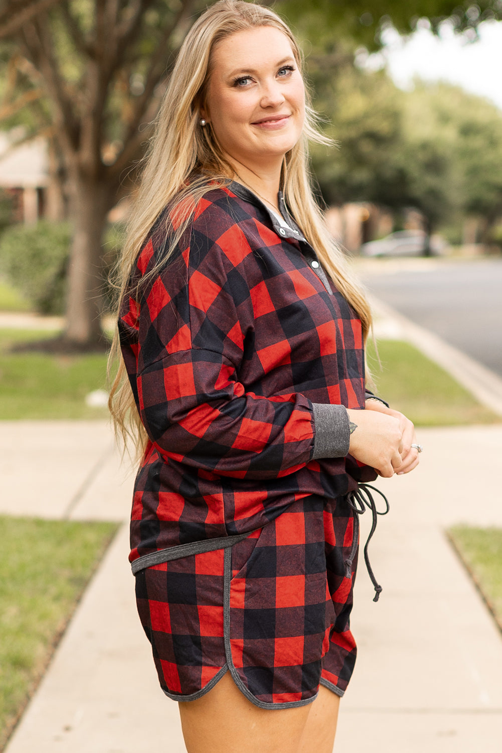 Plus Size Christmas Henley Top and Shorts Set