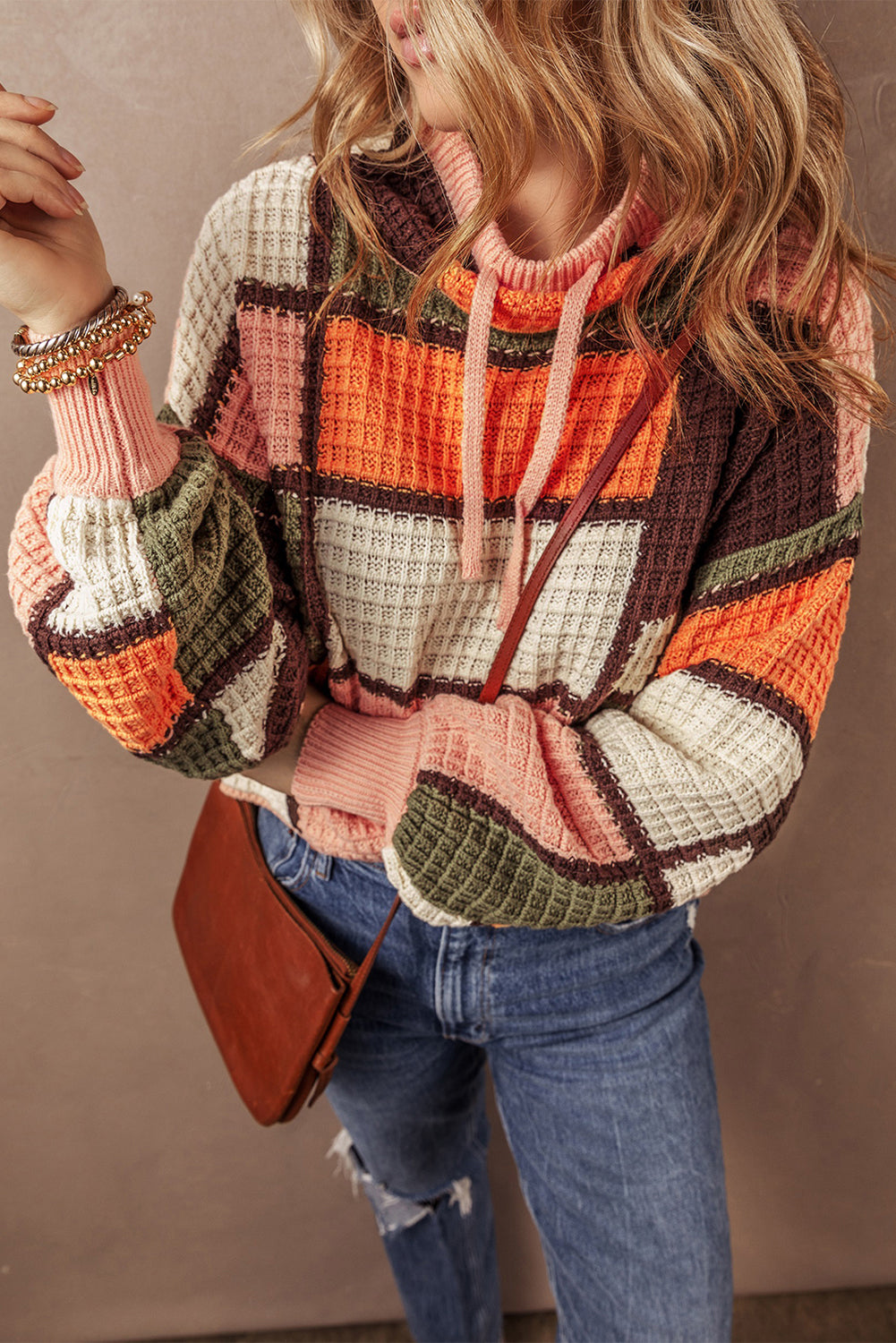 Color Block Waffle Drawstring Mock Neck Sweater