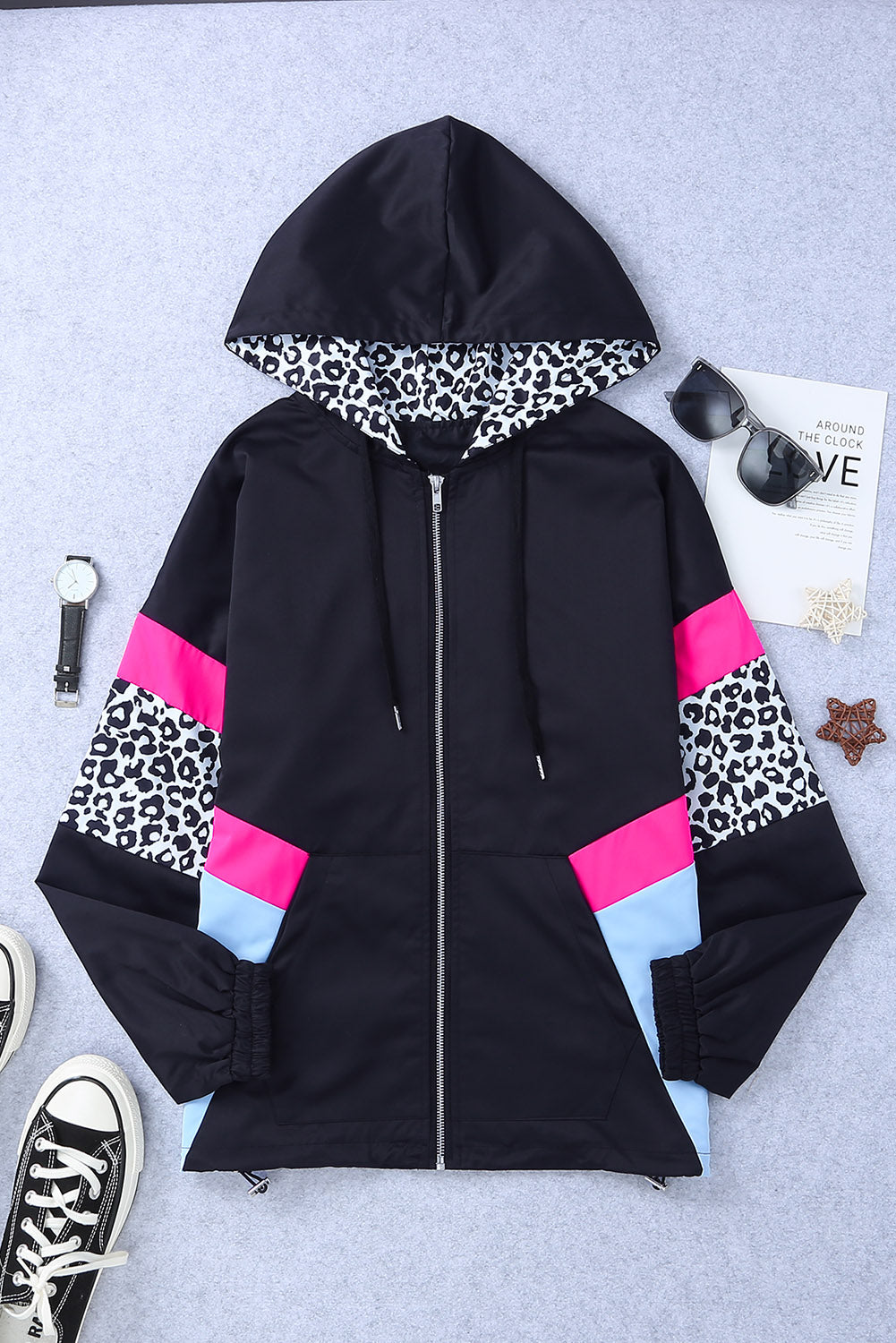 Leopard Print Zip Hooded Oversized Jacket