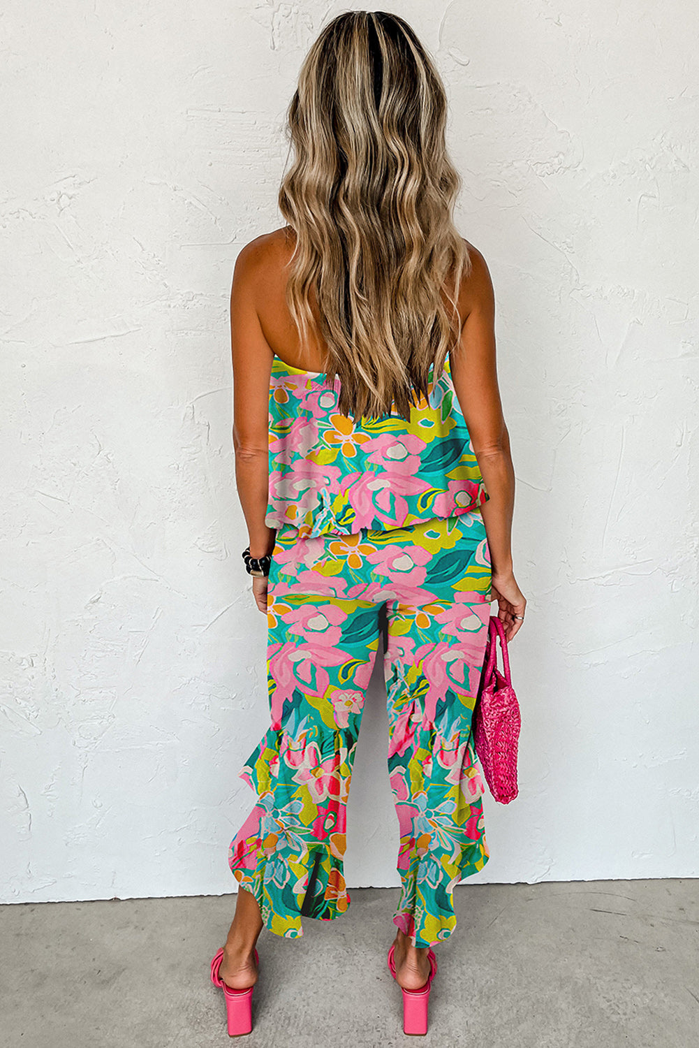 Mix Tropical Strapless Ruffled Jumpsuit