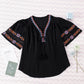 Tassel Drawstring Embroidered Sleeve Top