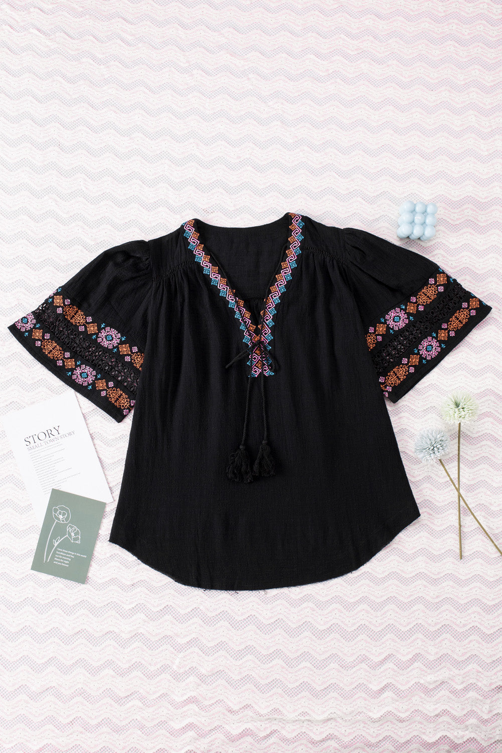 Tassel Drawstring Embroidered Sleeve Top